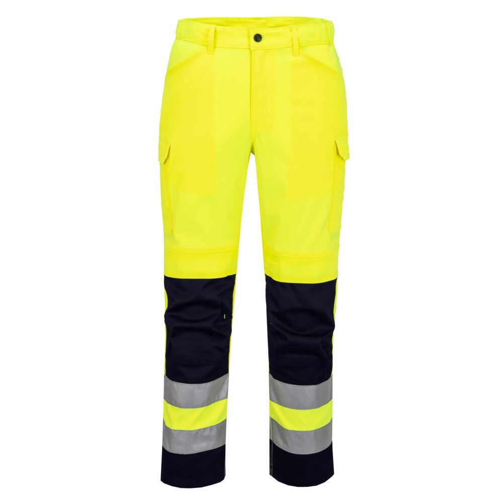 A pair of high-visibility yellow trousers featuring retroreflective tape panels, suitable for a wide range of outdoor and site work applications.