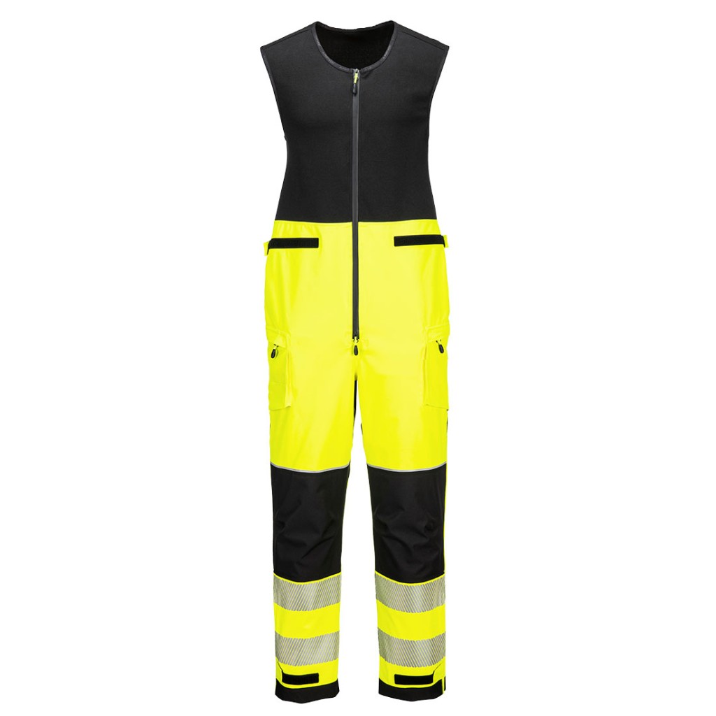 A high-visibility yellow workwear garment featuring retroreflective tape panels, suitable for a wide range of outdoor and site work applications.