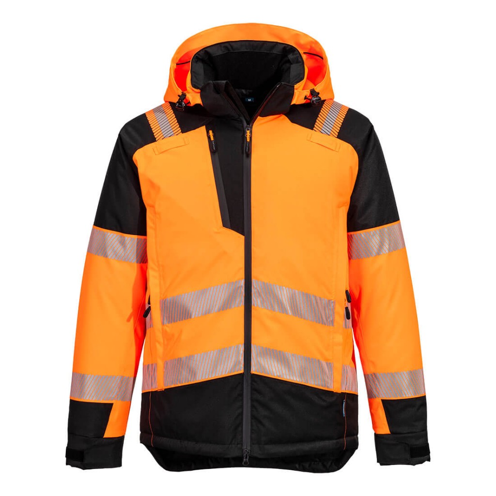 A high-visibility orange jacket featuring retroreflective tape panels, suitable for a wide range of outdoor and site work applications.