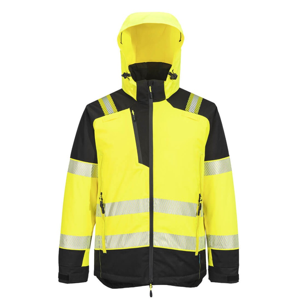 A high-visibility yellow jacket featuring retroreflective tape panels, suitable for a wide range of outdoor and site work applications.