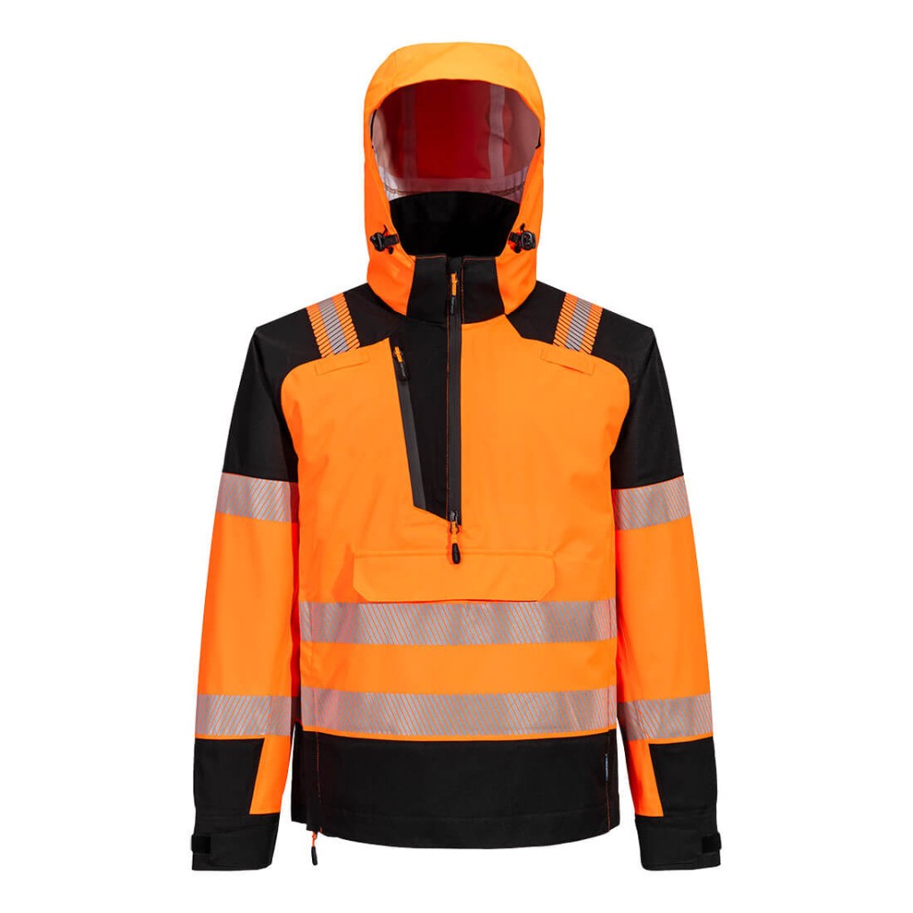 A high-visibility orange waterproof jacket featuring retroreflective tape panels, suitable for a wide range of outdoor and site work applications.
