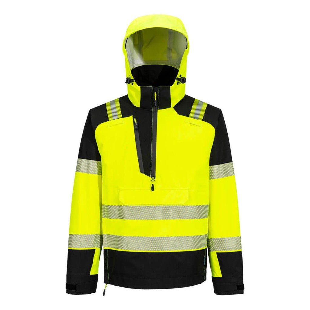A high-visibility yellow waterproof jacket featuring retroreflective tape panels, suitable for a wide range of outdoor and site work applications.