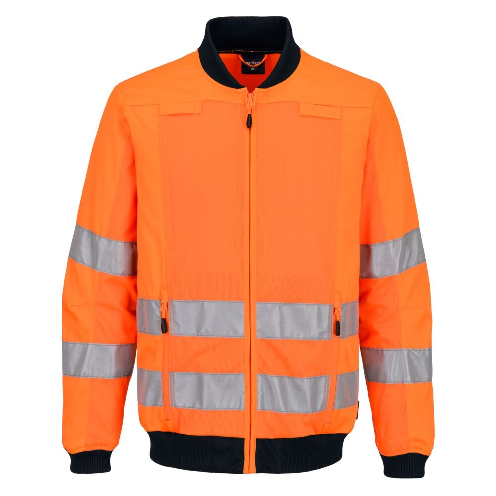 A high-visibility orange jacket featuring retroreflective tape panels, suitable for a wide range of outdoor and site work applications.