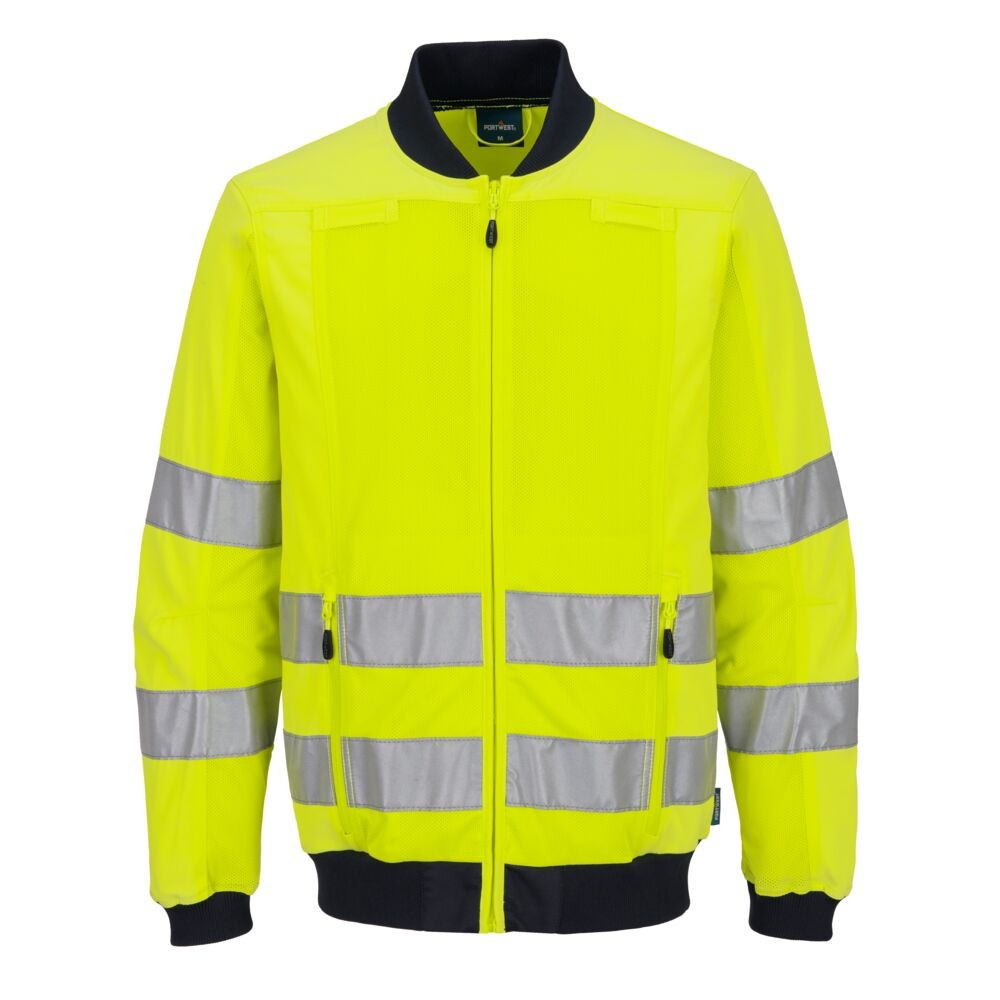 A high-visibility yellow jacket featuring retroreflective tape panels, suitable for a wide range of outdoor and site work applications.