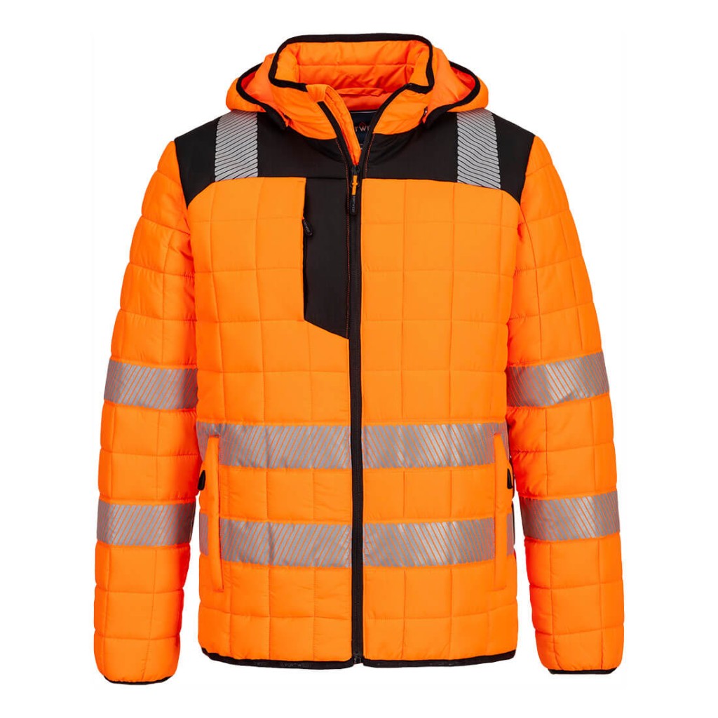 A high-visibility orange jacket featuring retroreflective tape panels, suitable for a wide range of outdoor and site work applications.