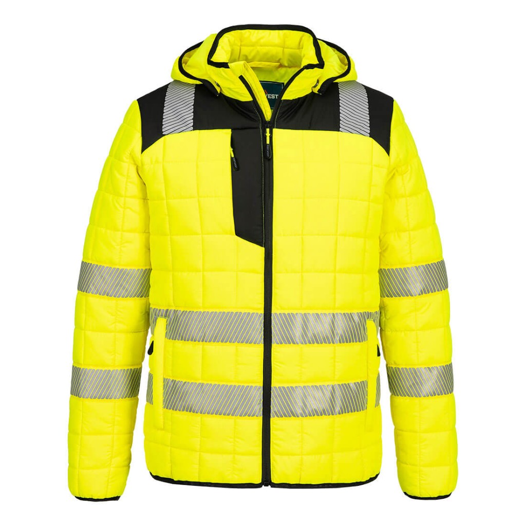 A high-visibility yellow jacket featuring retroreflective tape panels, suitable for a wide range of outdoor and site work applications.