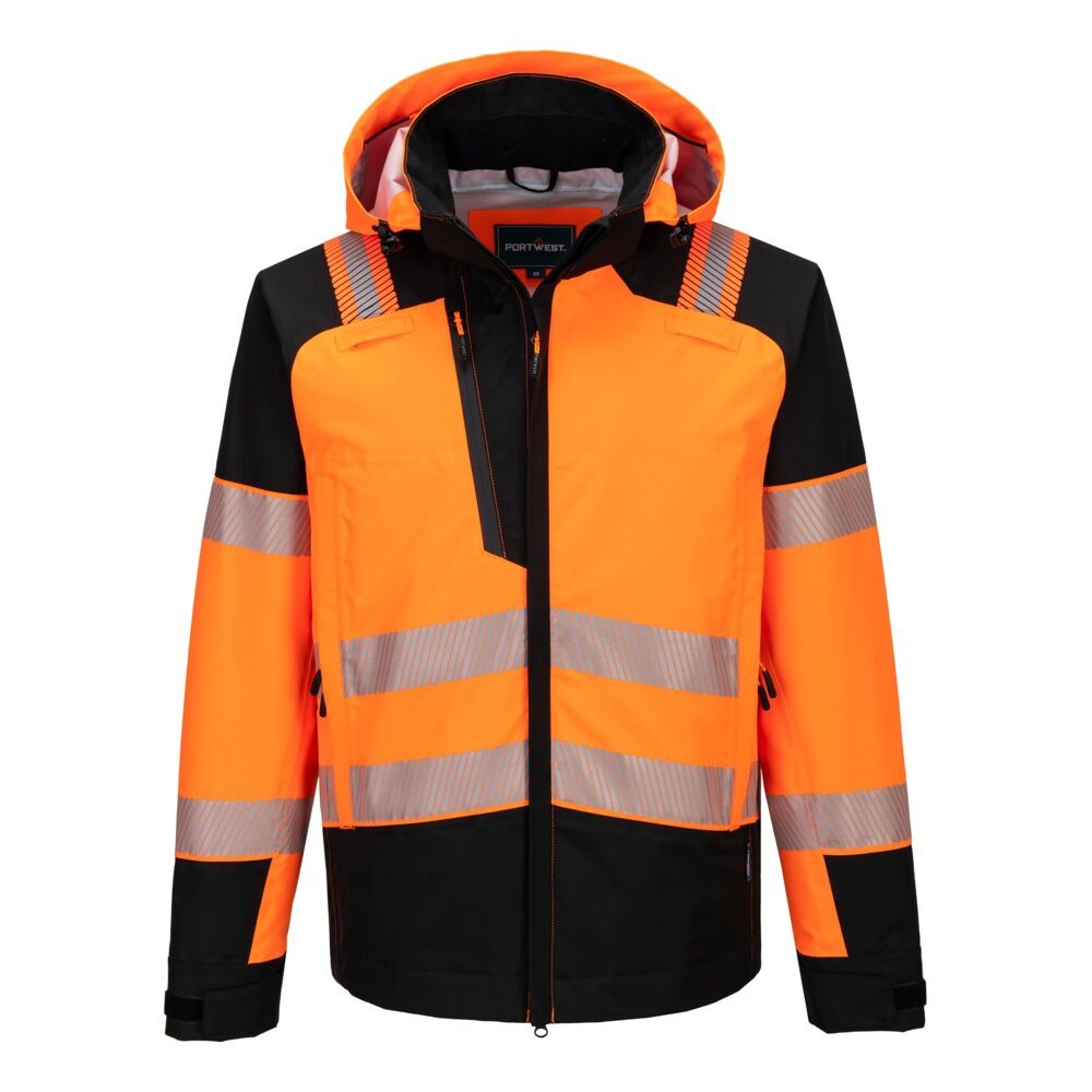 A high-visibility orange waterproof jacket featuring retroreflective tape panels, suitable for a wide range of outdoor and site work applications.