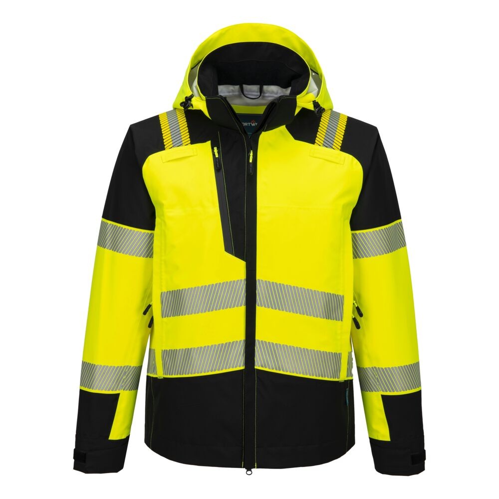 A high-visibility yellow waterproof jacket featuring retroreflective tape panels, suitable for a wide range of outdoor and site work applications.