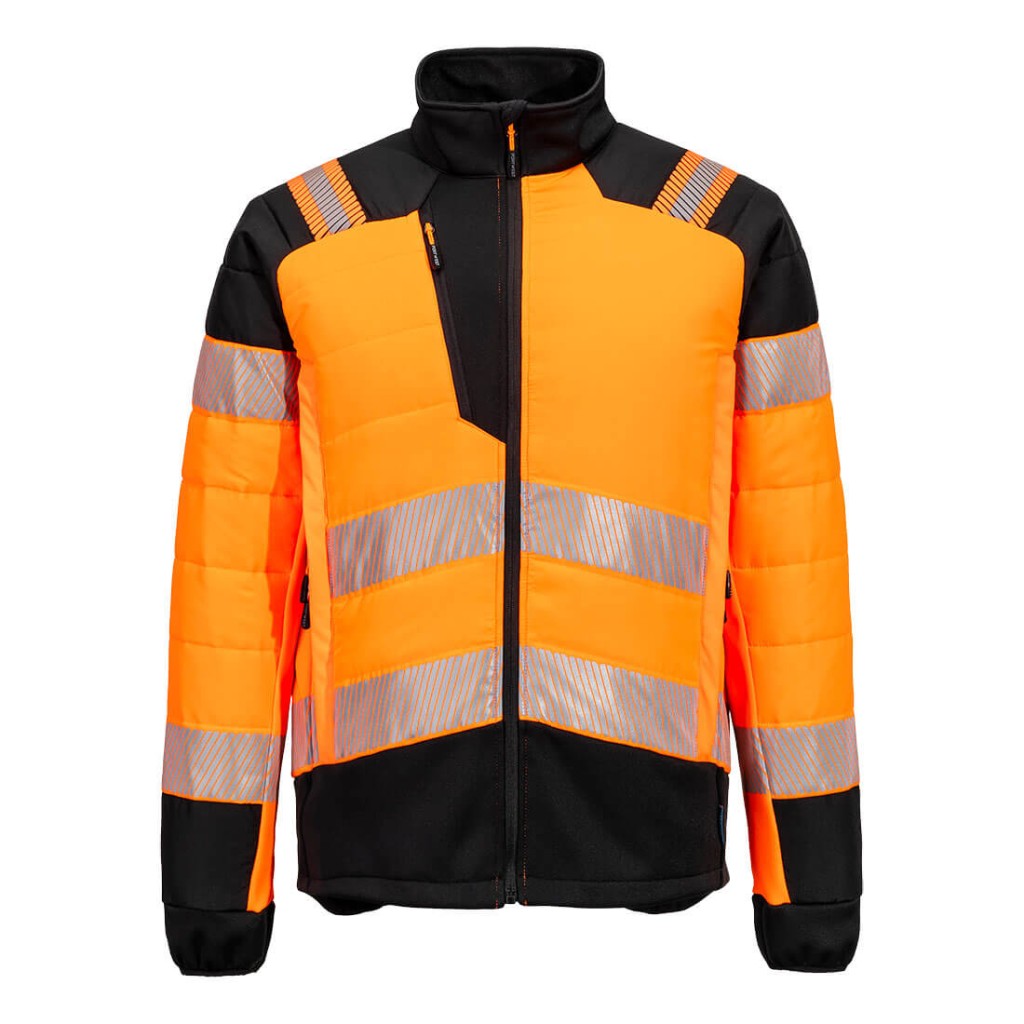 A high-visibility orange jacket featuring retroreflective tape panels, suitable for a wide range of outdoor and site work applications.