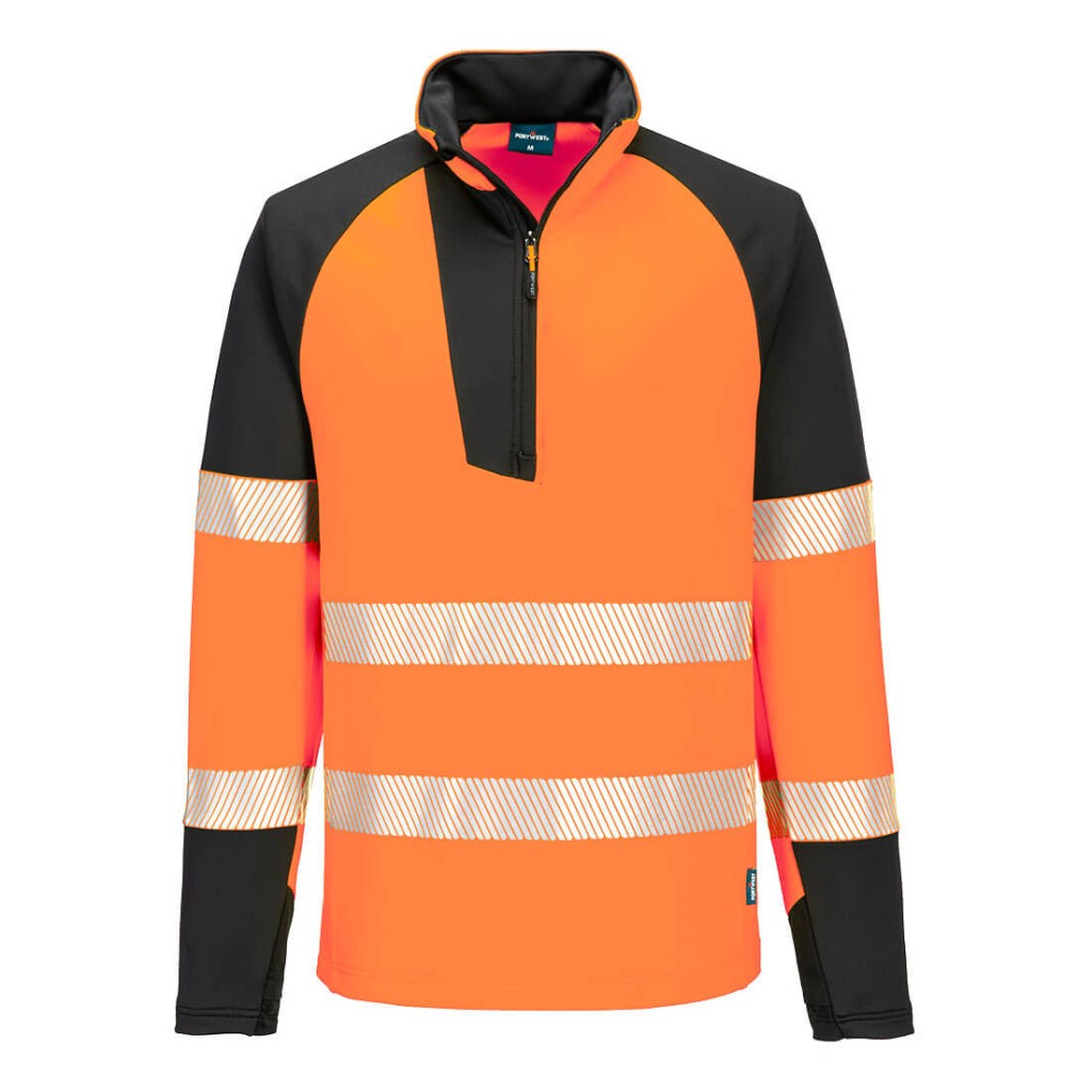 A high-visibility orange work shirt featuring retroreflective tape panels, a full-length zip front, suitable for a wide range of outdoor and site work applications.