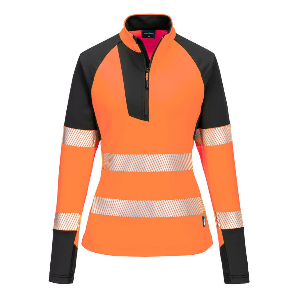 A women's high-visibility orange work shirt featuring retroreflective tape panels, a full-length zip front, suitable for a wide range of outdoor and site work applications.