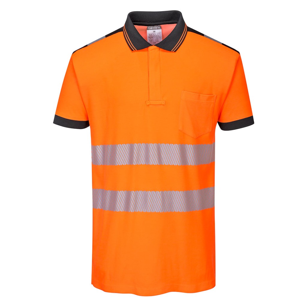 A high-visibility orange polo shirt featuring retroreflective tape panels, suitable for a wide range of outdoor and site work applications.