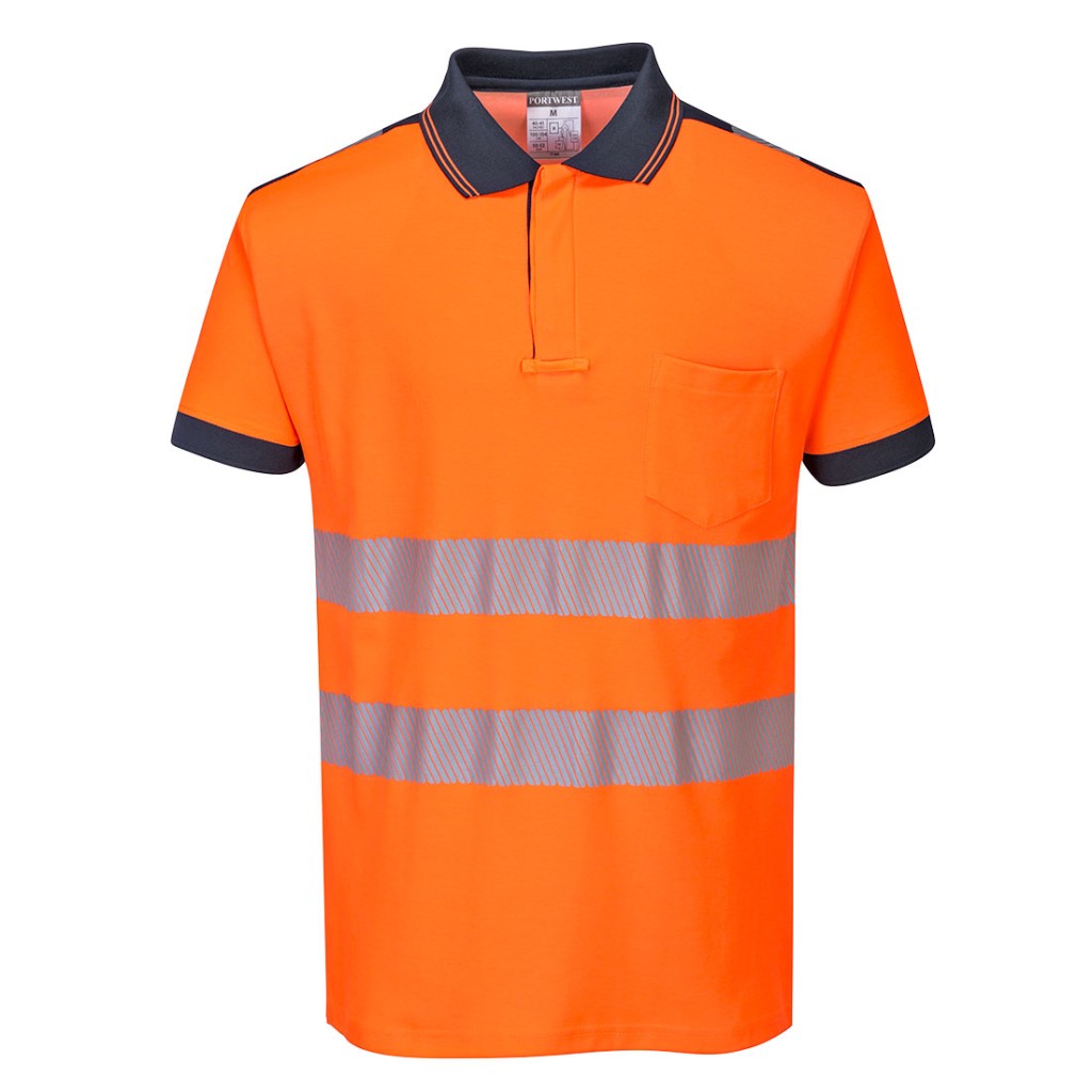 A high-visibility orange polo shirt featuring retroreflective tape panels, suitable for a wide range of outdoor and site work applications.