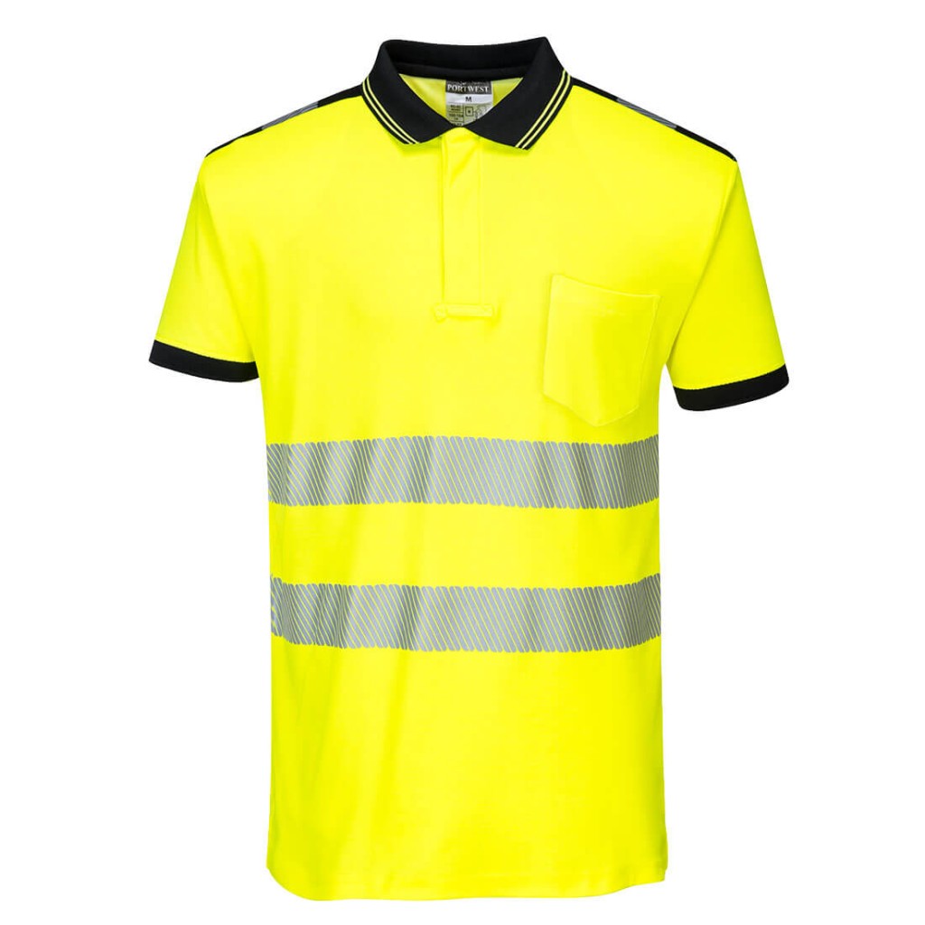 A high-visibility yellow polo shirt featuring retroreflective tape panels, suitable for a wide range of outdoor and site work applications.