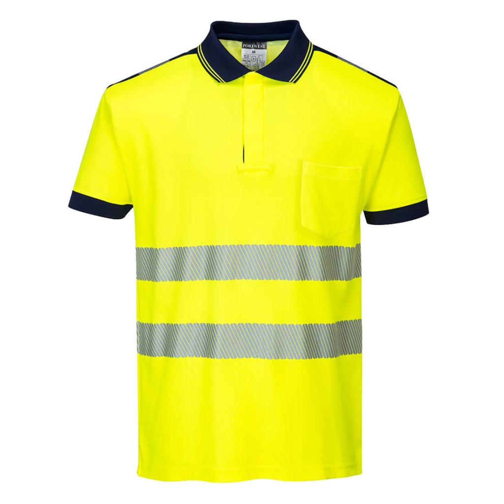 A high-visibility yellow polo shirt featuring retroreflective tape panels, suitable for a wide range of outdoor and site work applications.