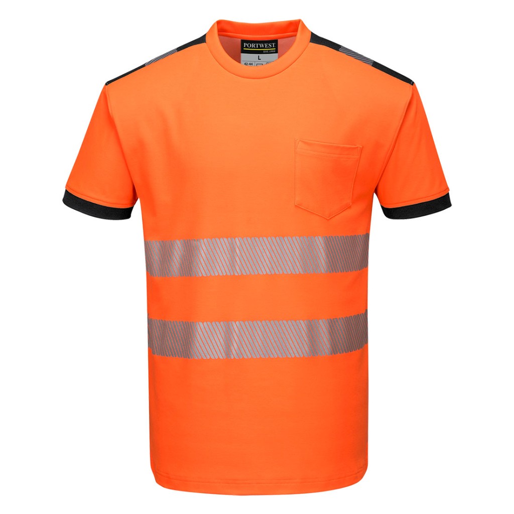 A high-visibility orange work shirt featuring retroreflective tape panels, suitable for a wide range of outdoor and site work applications.