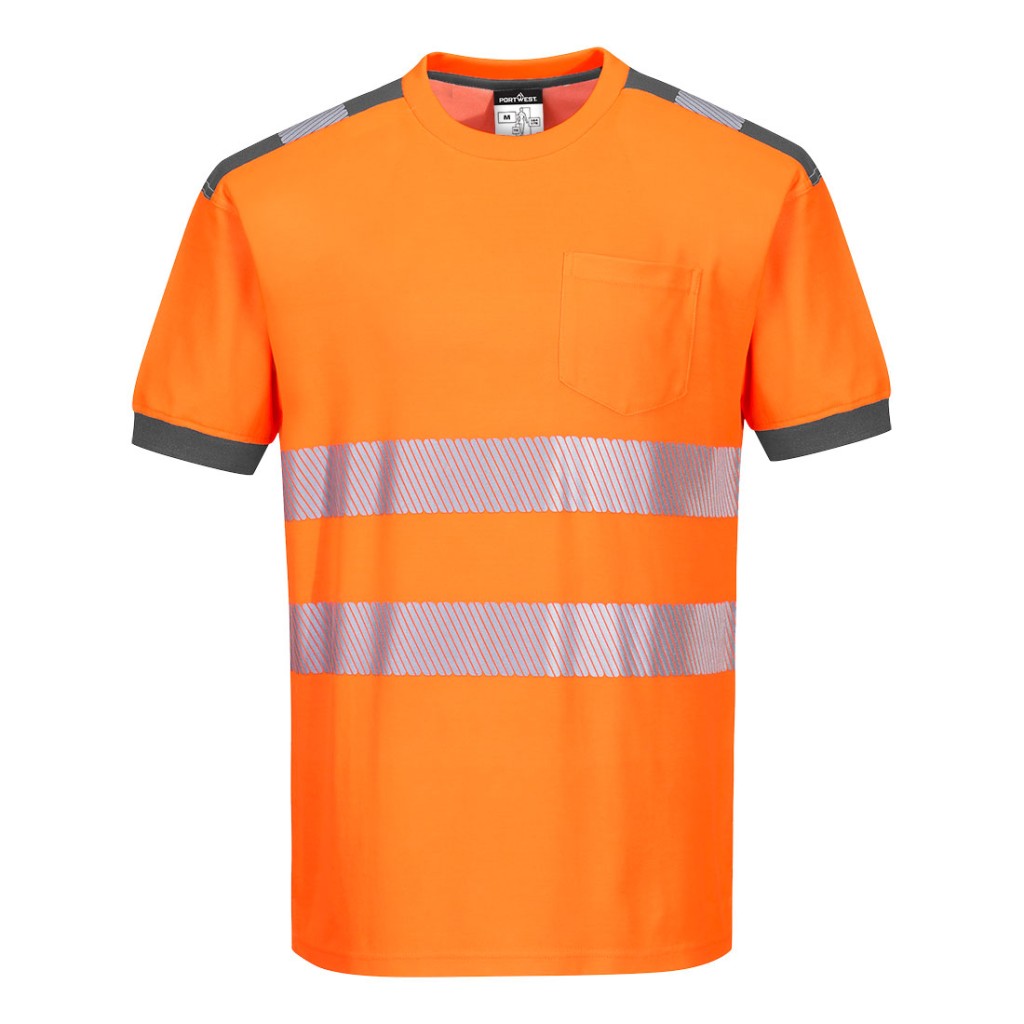 A high-visibility orange work shirt featuring retroreflective tape panels, suitable for a wide range of outdoor and site work applications.