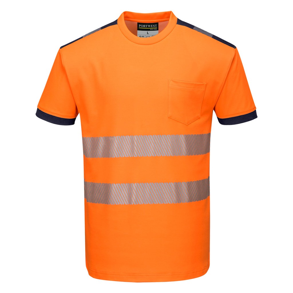 A high-visibility orange work shirt featuring retroreflective tape panels, suitable for a wide range of outdoor and site work applications.