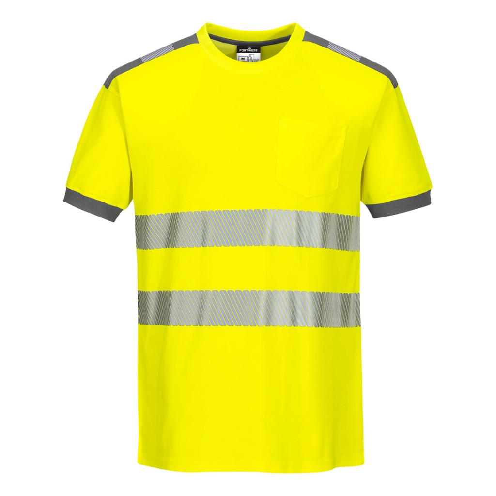 A high-visibility yellow work shirt featuring retroreflective tape panels, suitable for a wide range of outdoor and site work applications.