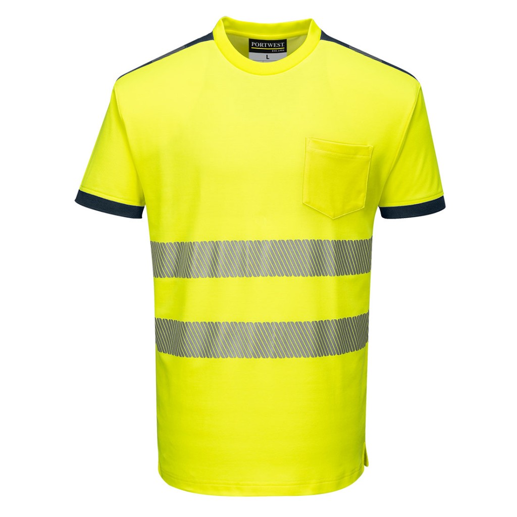 A high-visibility yellow work shirt featuring retroreflective tape panels, suitable for a wide range of outdoor and site work applications.