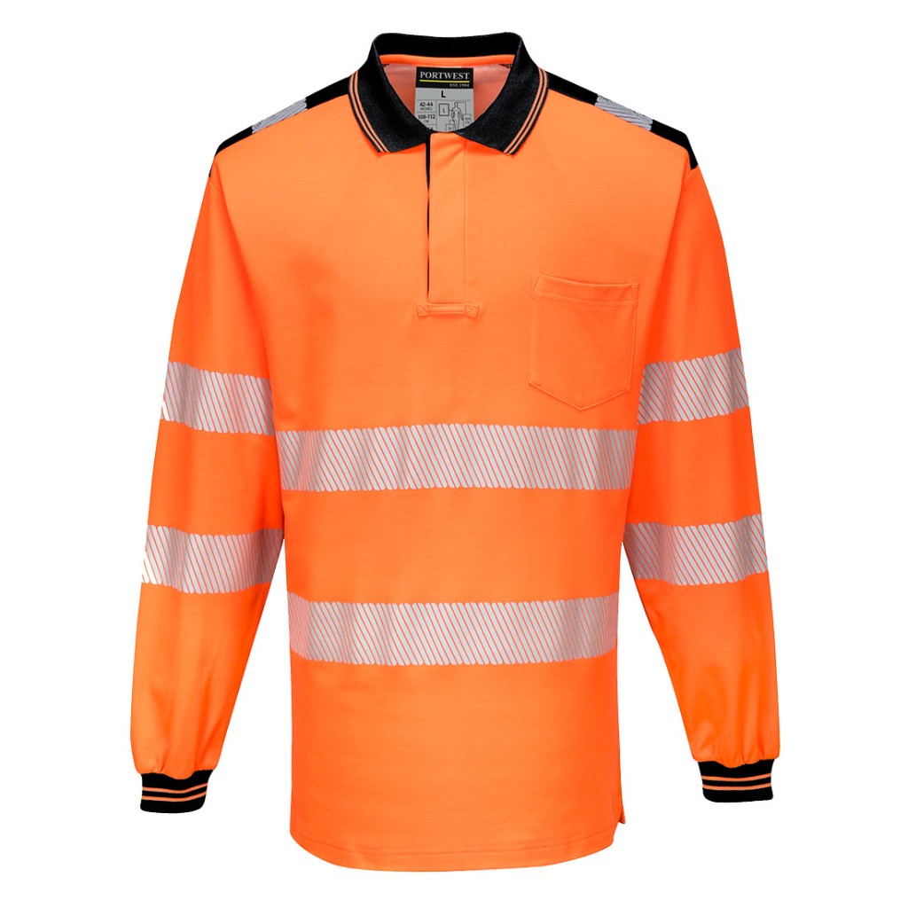 A high-visibility orange polo shirt featuring retroreflective tape panels, suitable for a wide range of outdoor and site work applications.