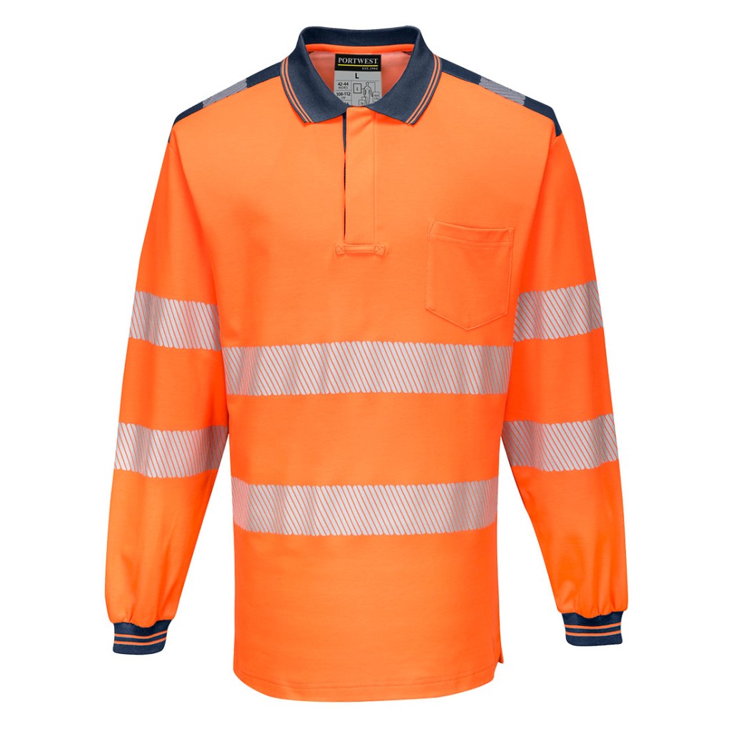 A high-visibility orange polo shirt featuring retroreflective tape panels, suitable for a wide range of outdoor and site work applications.