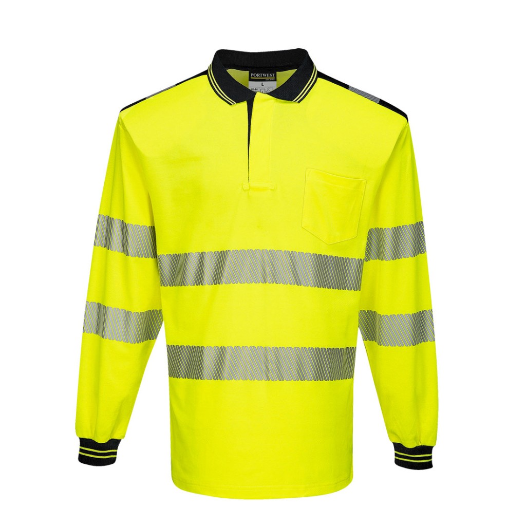 A high-visibility yellow polo shirt featuring retroreflective tape panels, suitable for a wide range of outdoor and site work applications.