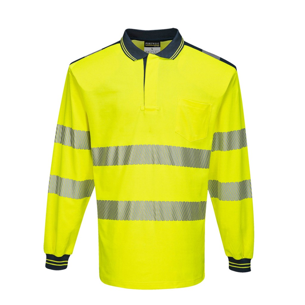 A high-visibility yellow polo shirt featuring retroreflective tape panels, suitable for a wide range of outdoor and site work applications.