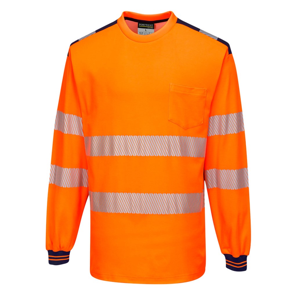 A high-visibility orange work shirt featuring retroreflective tape panels, suitable for a wide range of outdoor and site work applications.