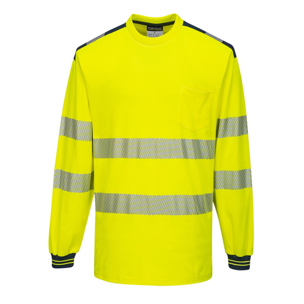 A high-visibility yellow work shirt featuring retroreflective tape panels, suitable for a wide range of outdoor and site work applications.