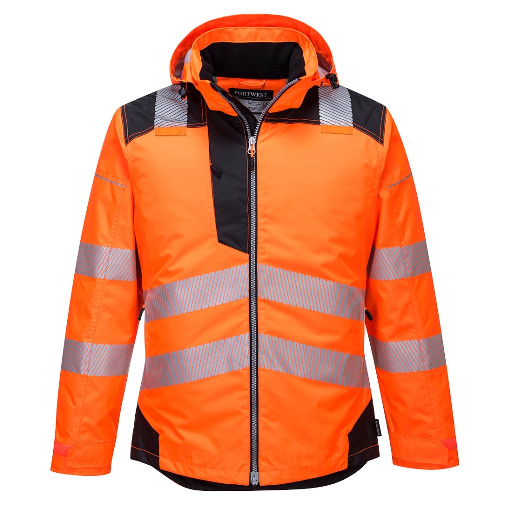 A high-visibility orange jacket featuring retroreflective tape panels, suitable for a wide range of outdoor and site work applications.