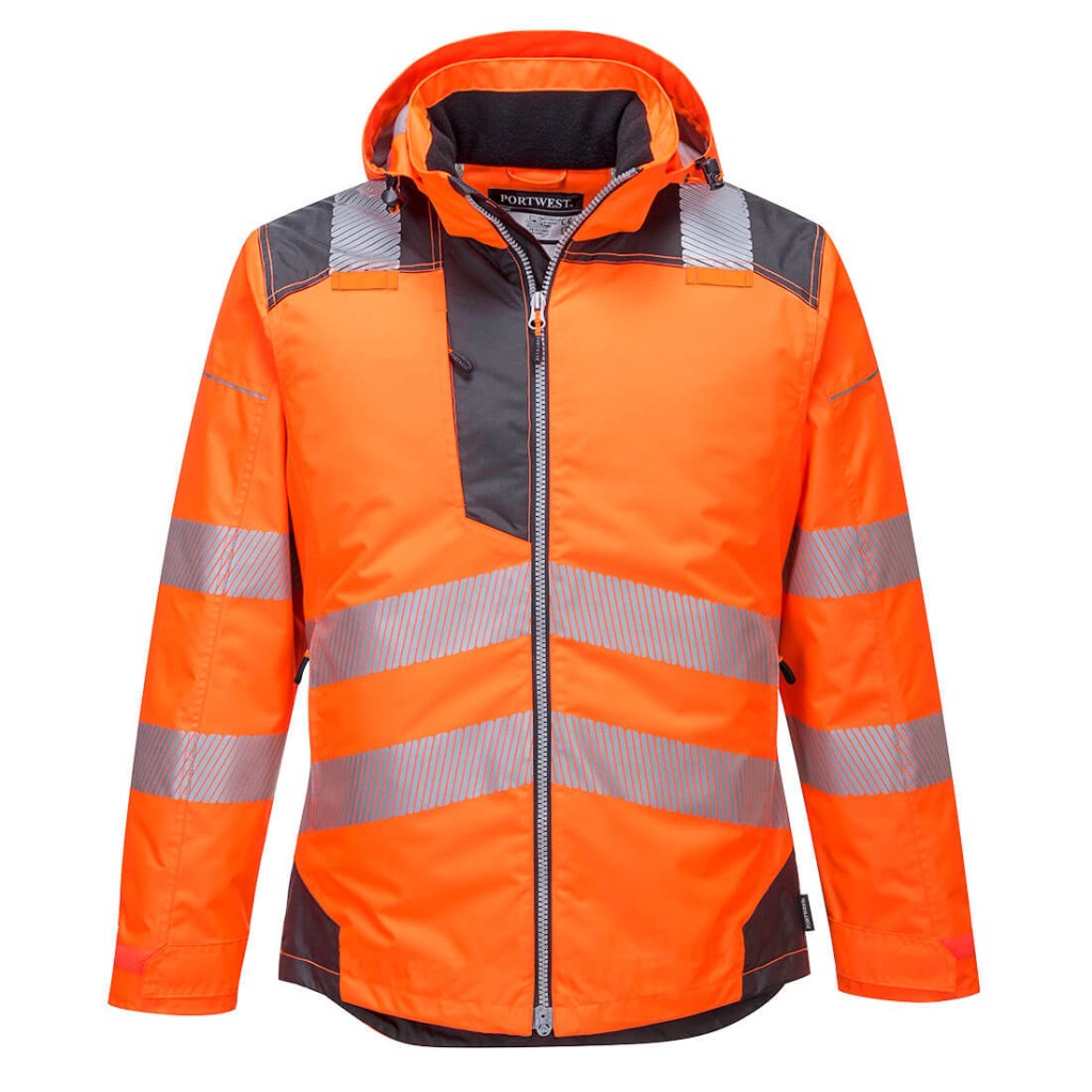 A high-visibility orange jacket featuring retroreflective tape panels, suitable for a wide range of outdoor and site work applications.