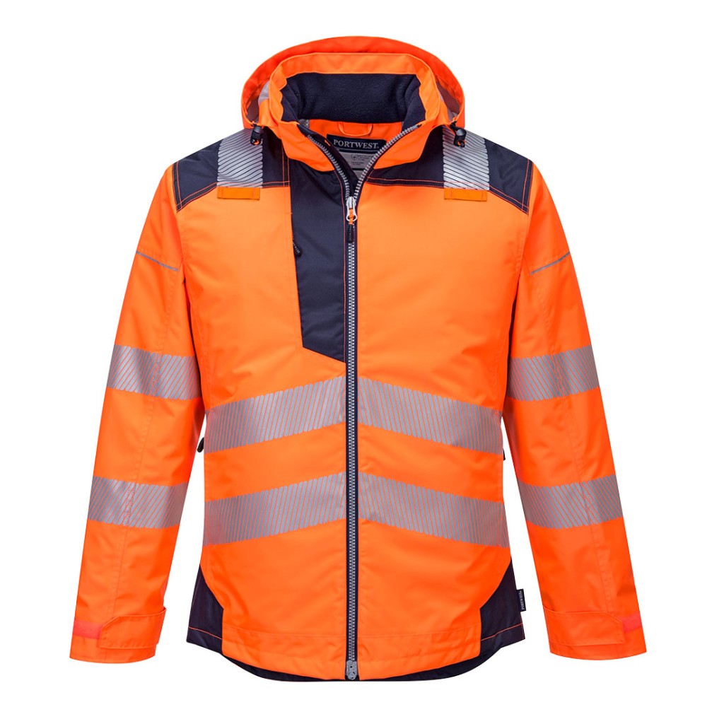 A high-visibility orange jacket featuring retroreflective tape panels, suitable for a wide range of outdoor and site work applications.