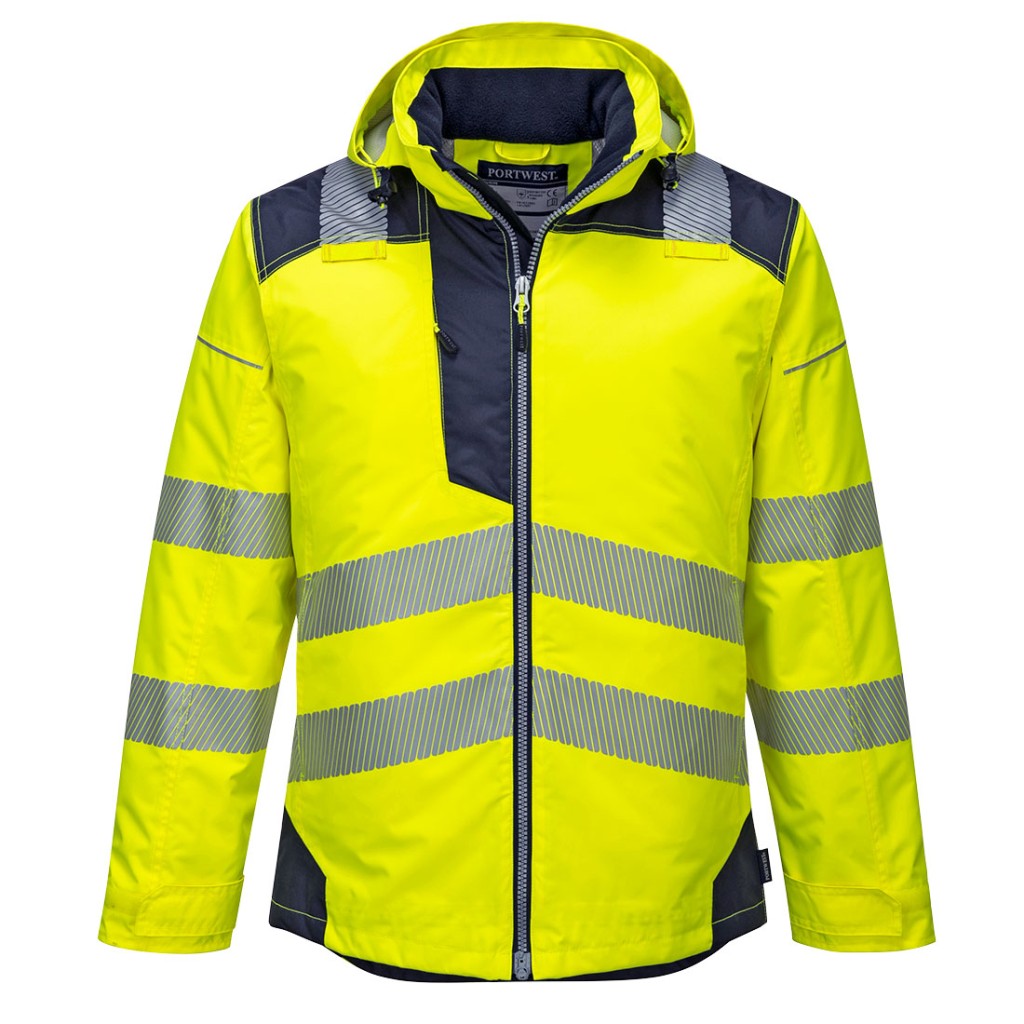 A high-visibility yellow jacket featuring retroreflective tape panels, suitable for a wide range of outdoor and site work applications.