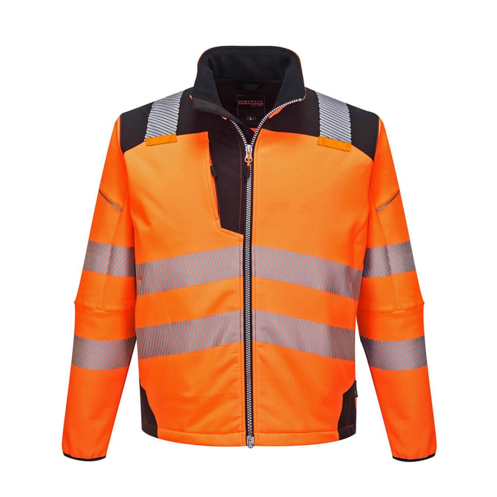A high-visibility orange softshell jacket featuring retroreflective tape panels, suitable for a wide range of outdoor and site work applications.