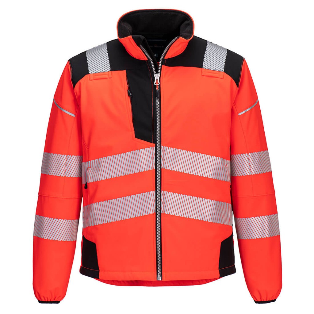 A high-visibility yellow softshell jacket featuring retroreflective tape panels, suitable for a wide range of outdoor and site work applications.