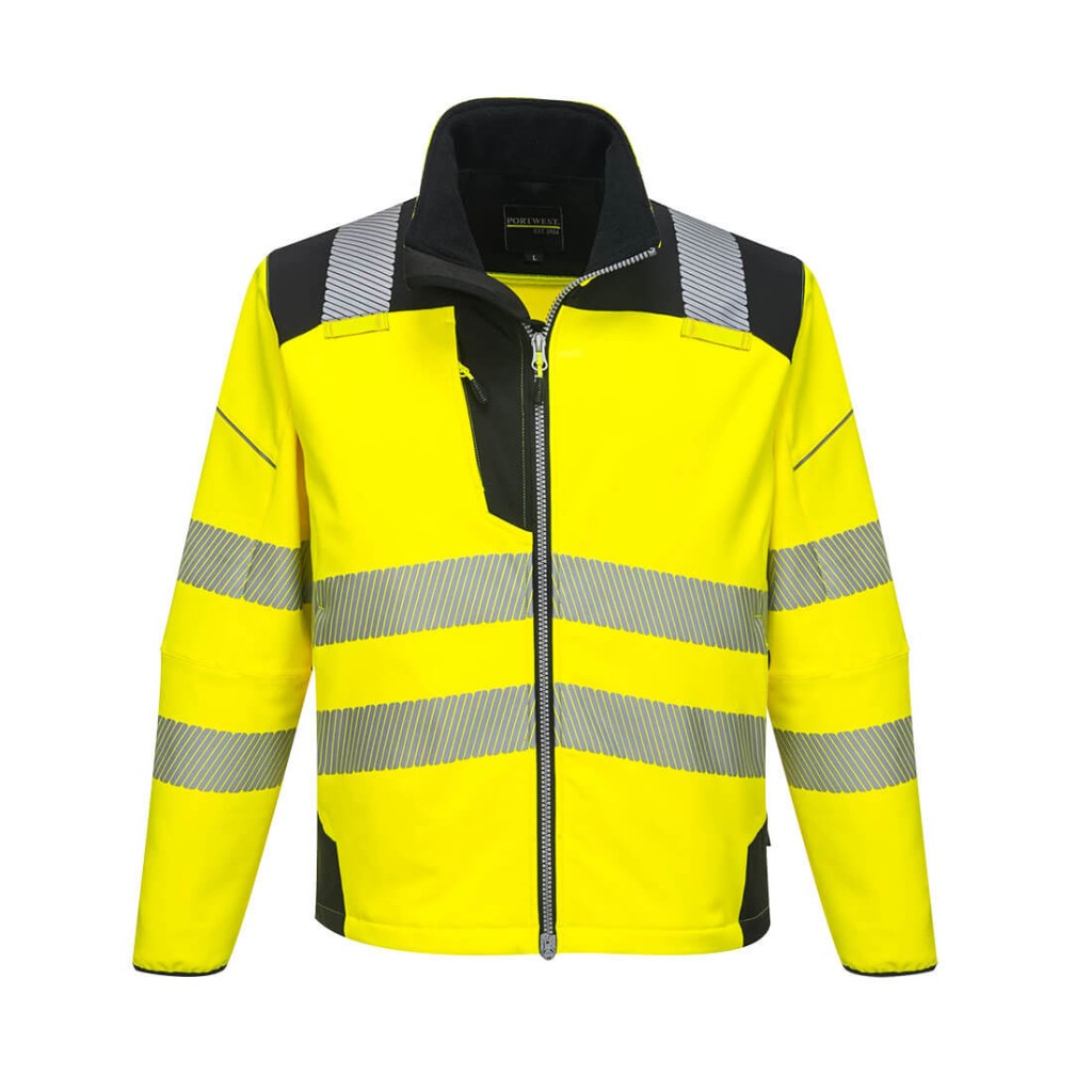 A high-visibility yellow softshell jacket featuring retroreflective tape panels, suitable for a wide range of outdoor and site work applications.