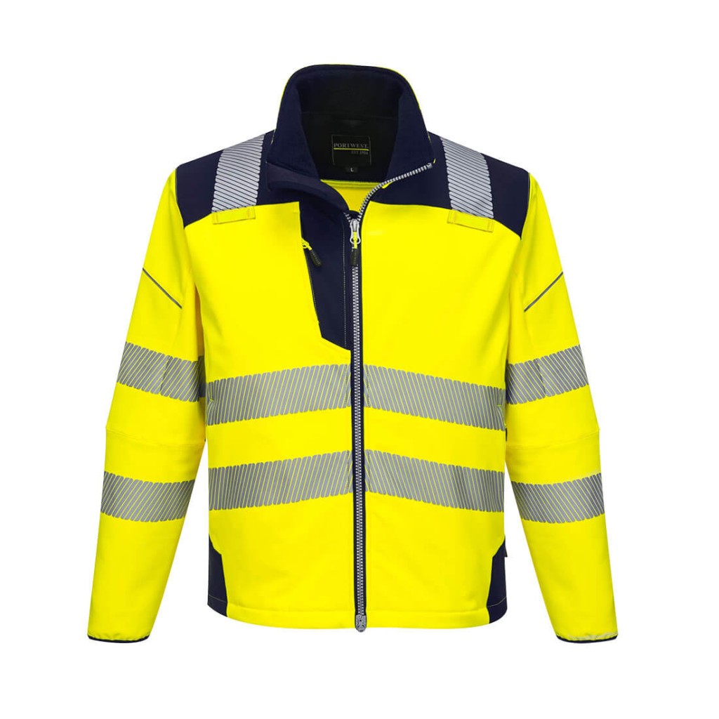 A high-visibility yellow softshell jacket featuring retroreflective tape panels, suitable for a wide range of outdoor and site work applications.