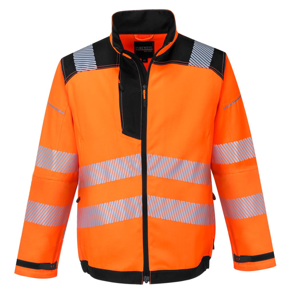 A high-visibility orange jacket featuring retroreflective tape panels, suitable for a wide range of outdoor and site work applications.