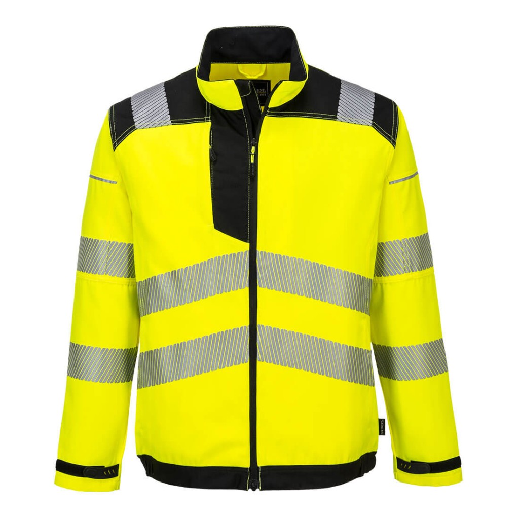 A high-visibility yellow jacket featuring retroreflective tape panels, suitable for a wide range of outdoor and site work applications.