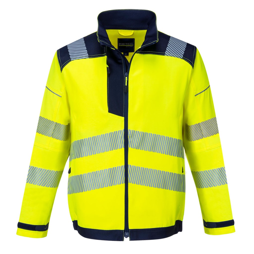A high-visibility yellow jacket featuring retroreflective tape panels, suitable for a wide range of outdoor and site work applications.