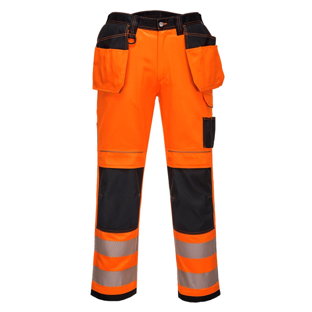 A pair of high-visibility orange trousers featuring retroreflective tape panels, functional pockets, suitable for a wide range of outdoor and site work applications.