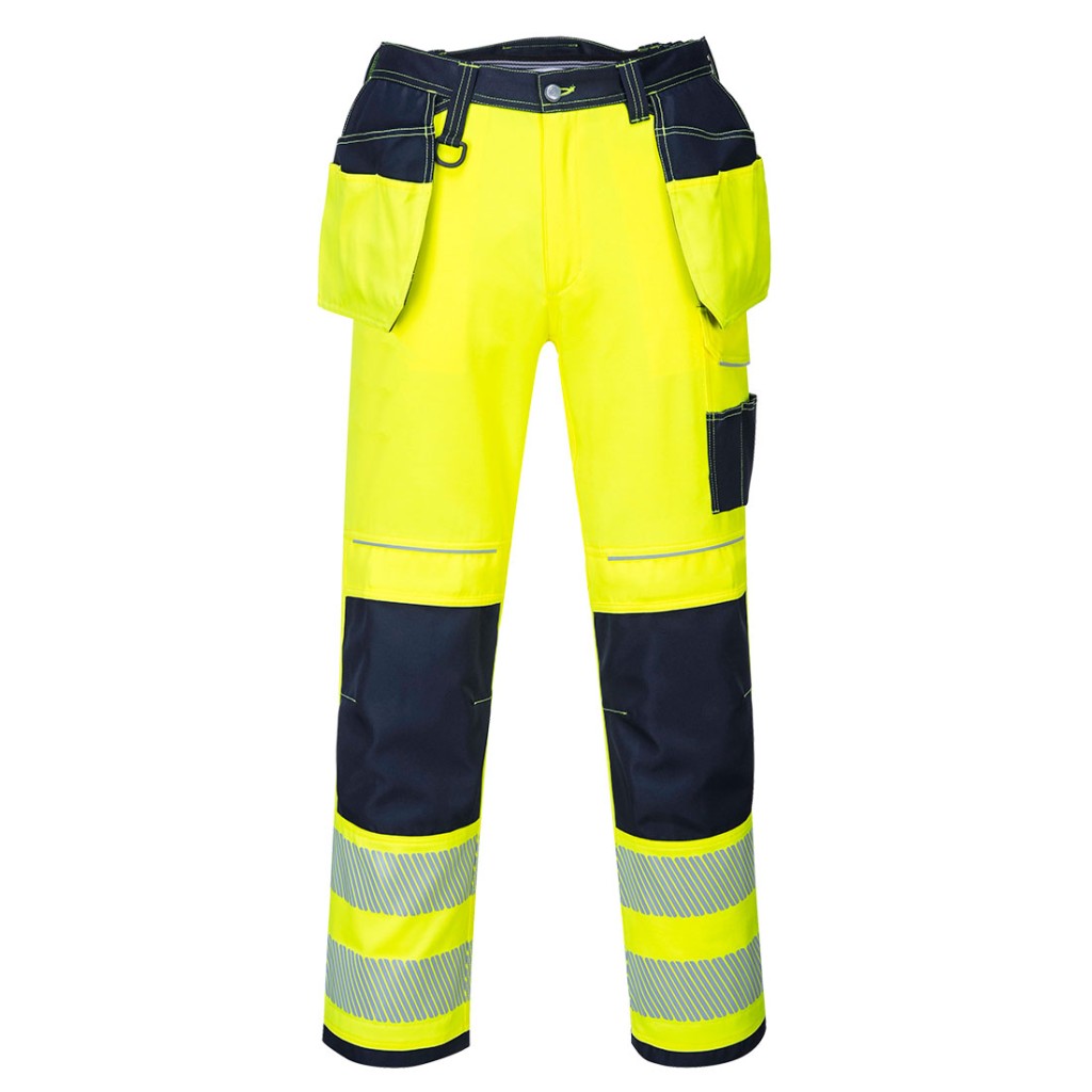 A pair of high-visibility yellow trousers featuring retroreflective tape panels, functional pockets, suitable for a wide range of outdoor and site work applications.