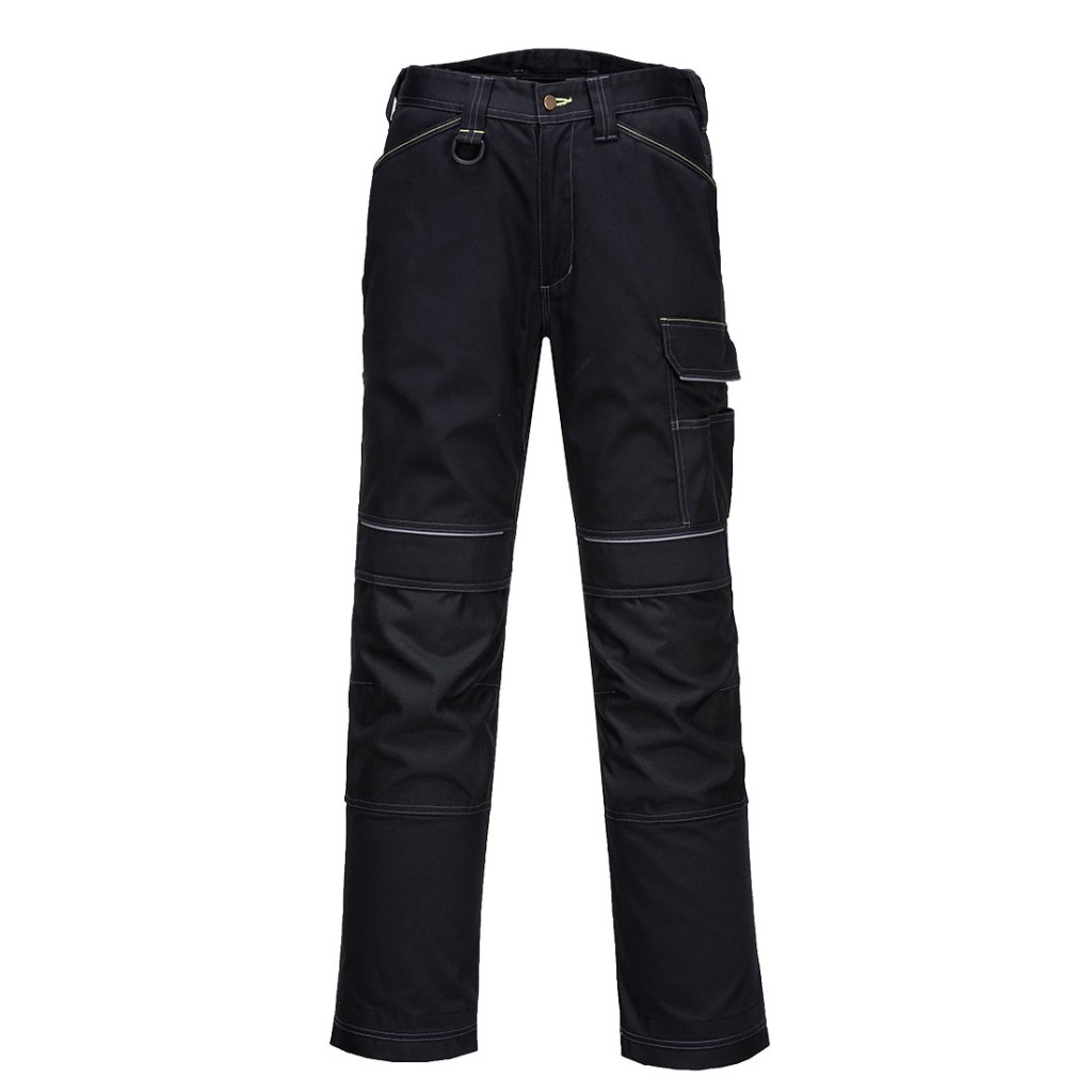 A pair of work trousers designed for use on construction sites and in industrial work environments.,