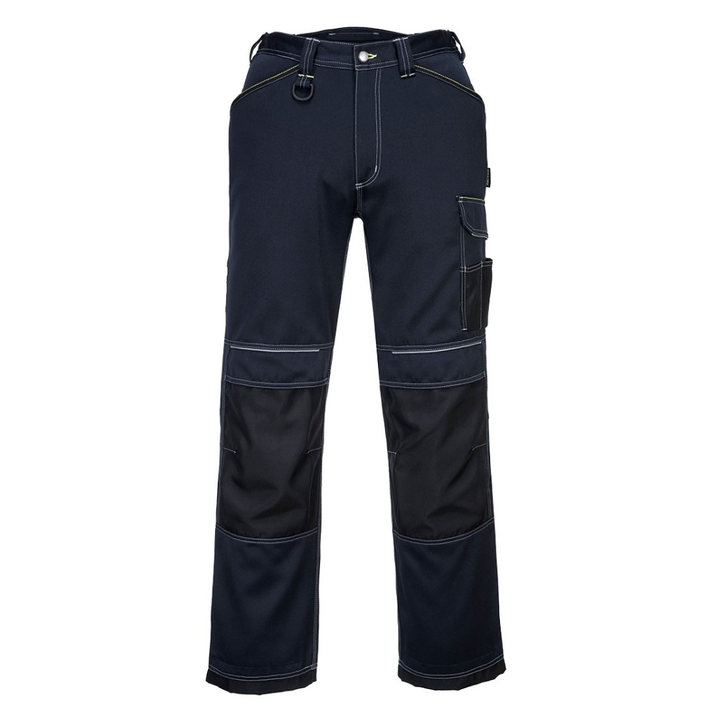 A pair of navy blue work trousers designed for use on construction sites and in industrial work environments.,