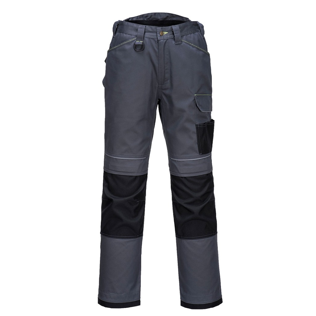A pair of grey work trousers designed for use on construction sites and in industrial work environments.,