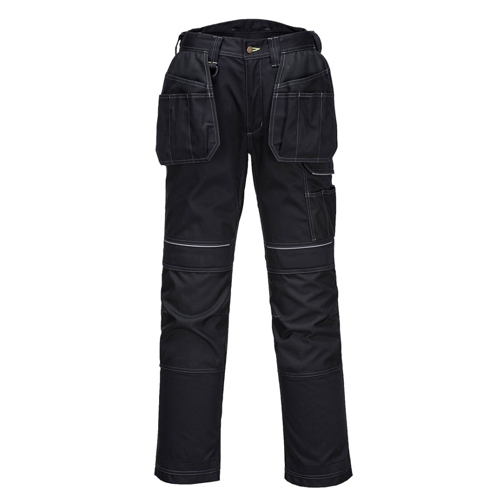 A pair of black work trousers designed for use on construction sites and in industrial work environments.,