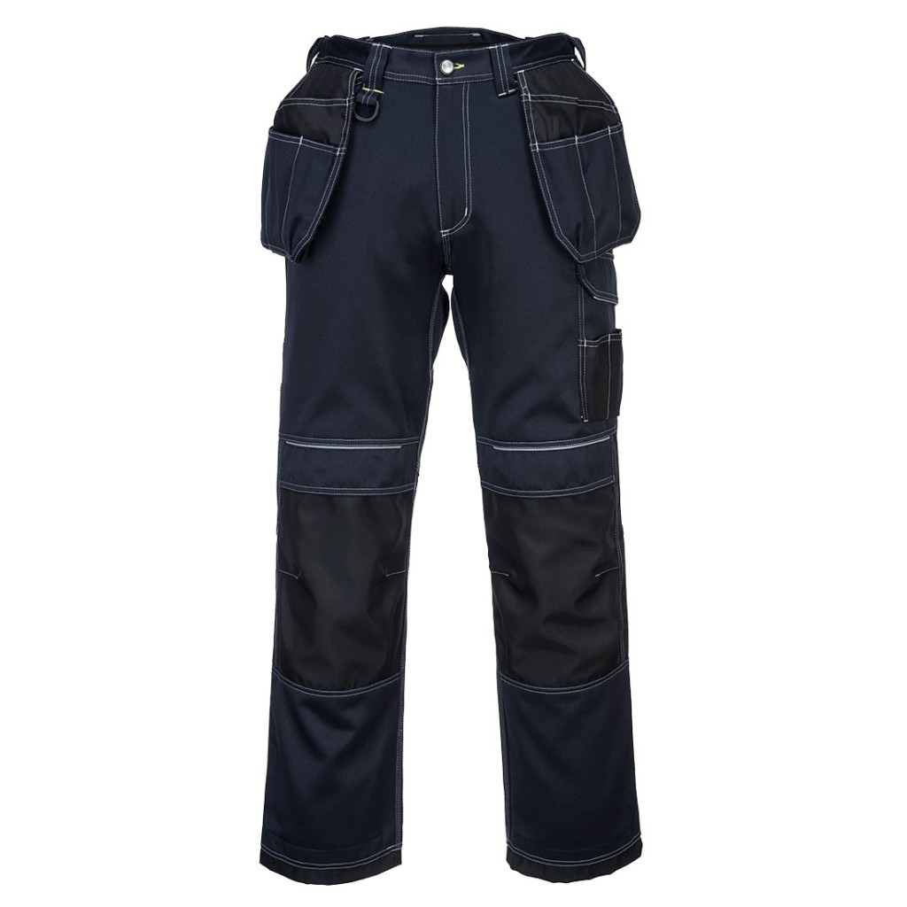 A pair of work trousers designed for use on construction sites and in industrial work environments.,