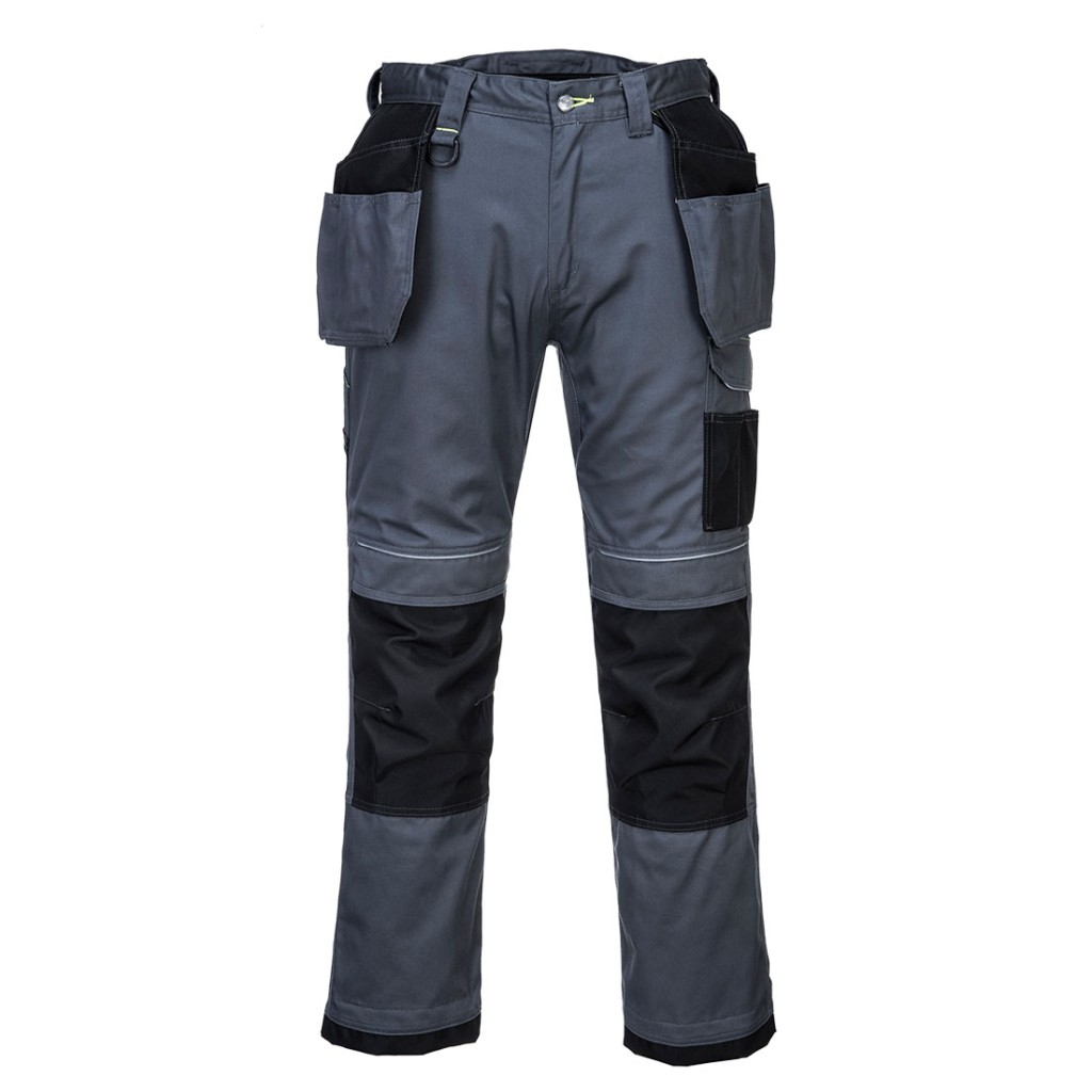 A pair of grey work trousers designed for use on construction sites and in industrial work environments.,