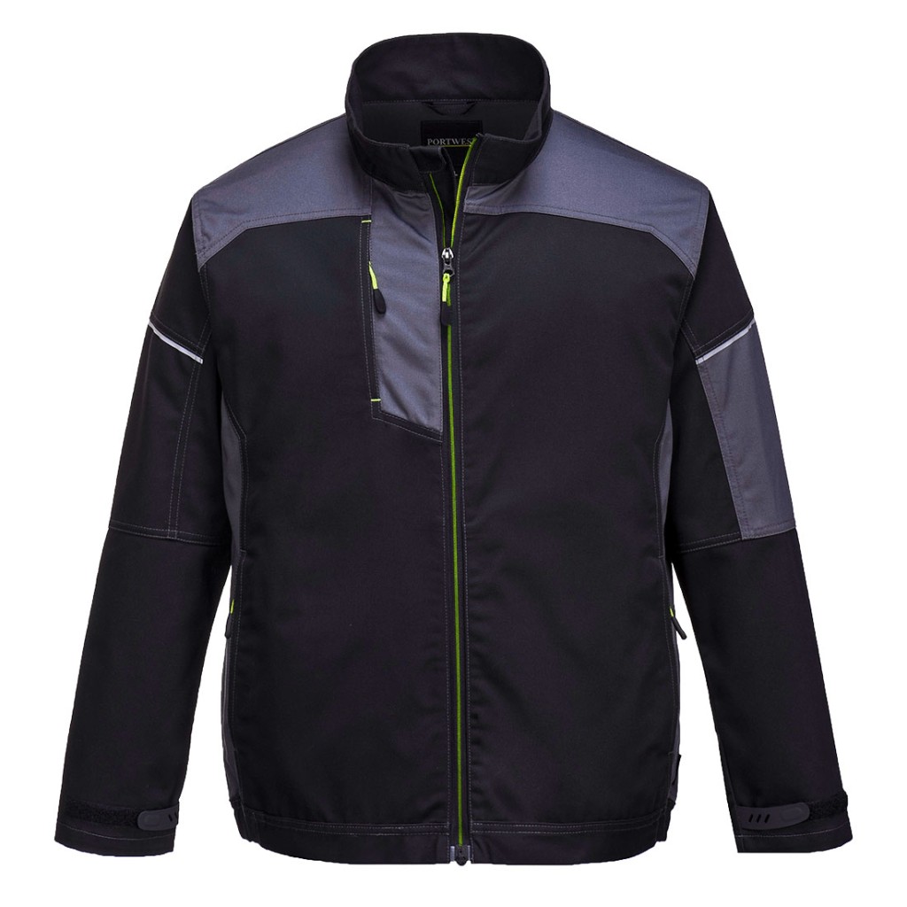 A black jacket designed for use on construction sites and in industrial work environments.,